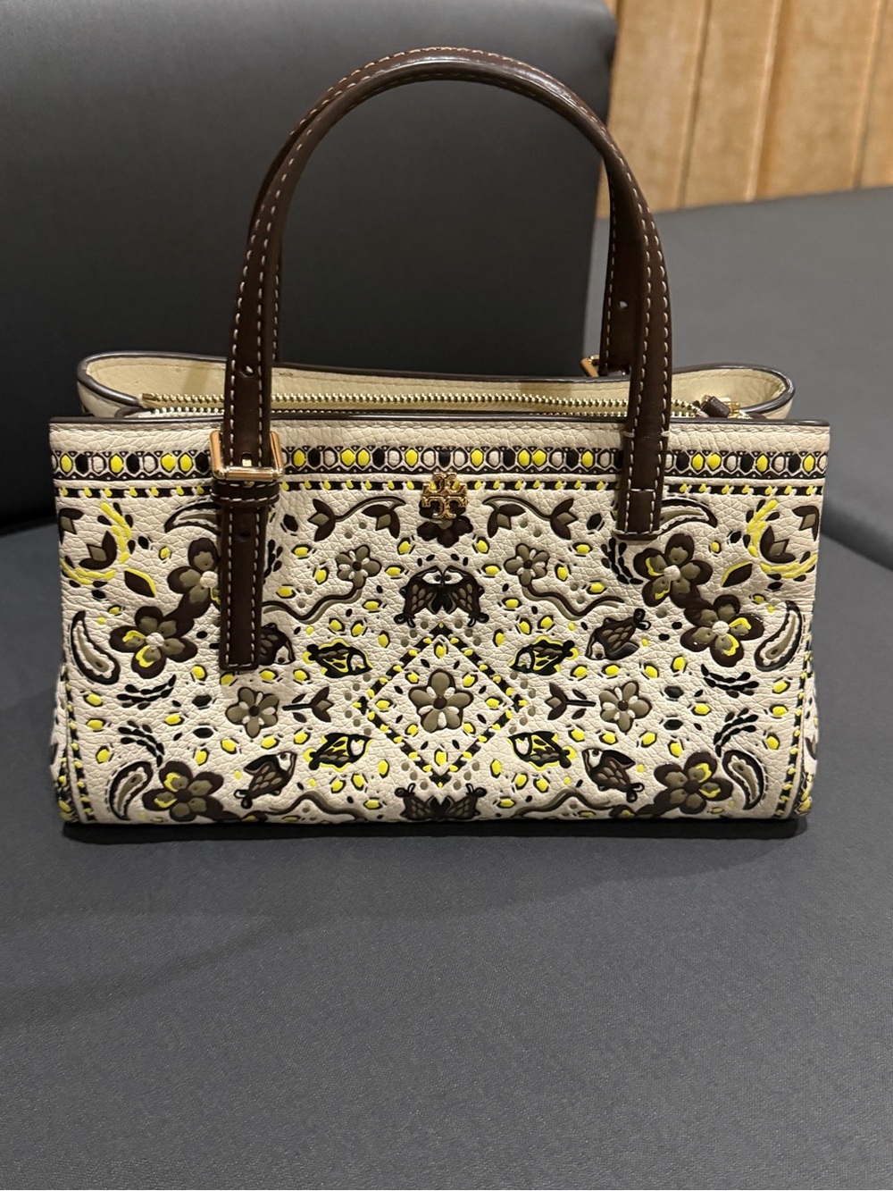 Women's Embroidered Floral Top-Handle Bag in Cream and Brown